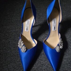 Jimmy Choo Royal Blue Satin Heels with Crystal Embellishments